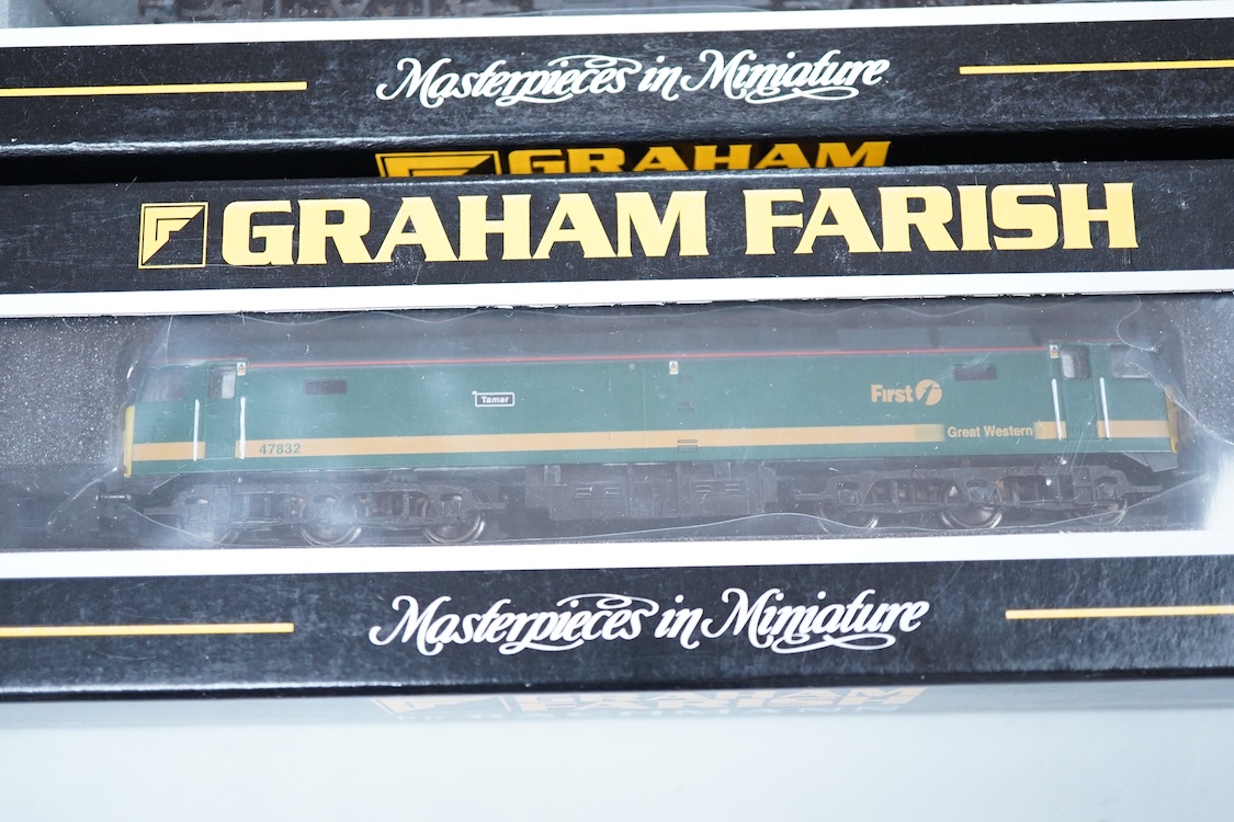 Three boxed Graham Farish N gauge railway Class 47 Co-Co diesel-electric locomotives; a First Great Western, 47832 (371226), a BR 47/4, The Lass O’ Ballochmyle 47635 (371-230), and a Fragonset Railways, Waverley 47701 (3